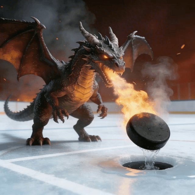Dragon playing hockey